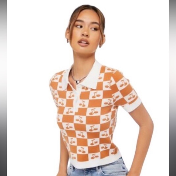 Forever 21 Kids size L Large Cherry Pattern Polo in Orange and White - Picture 1 of 8